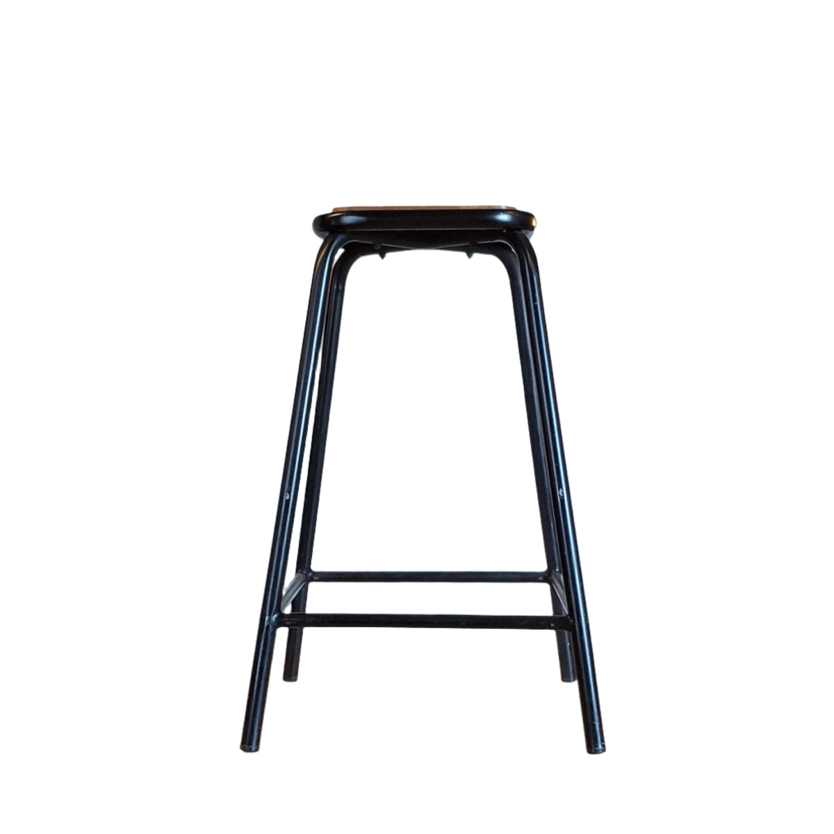 Black metal bar stool with a wooden seat.