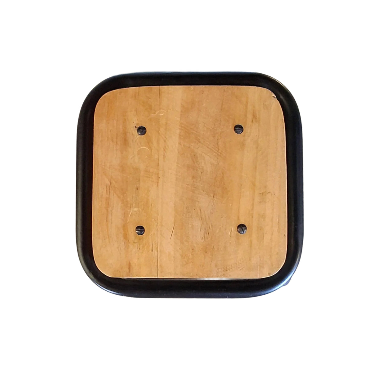 Stool with black metal frame and a wooden seat.