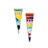Two colorful triangular markers labeled 'Parsley' on a white background