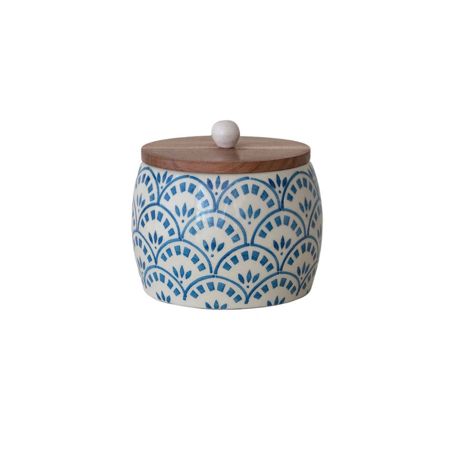 Hand Painted Stoneware Canister w/ Acacia Wood Lid