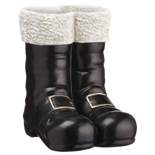 A pair of black Santa-style boots with a thick, textured cream faux-fur cuff and gold buckle details on the sides, shown against a plain white background.