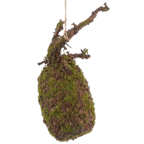 Moss-covered hanging faux plant on a white background
