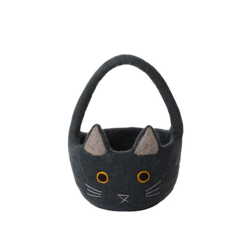 Black cat-shaped basket with gray ears and yellow eyes on a white background