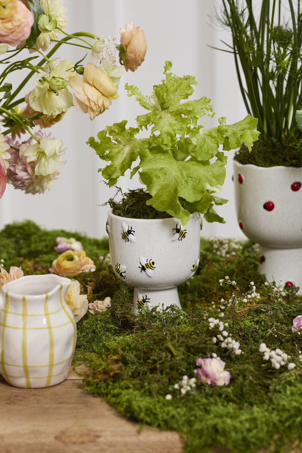 Decorative garden scene with pots, plants, and flowers on a wooden surface.