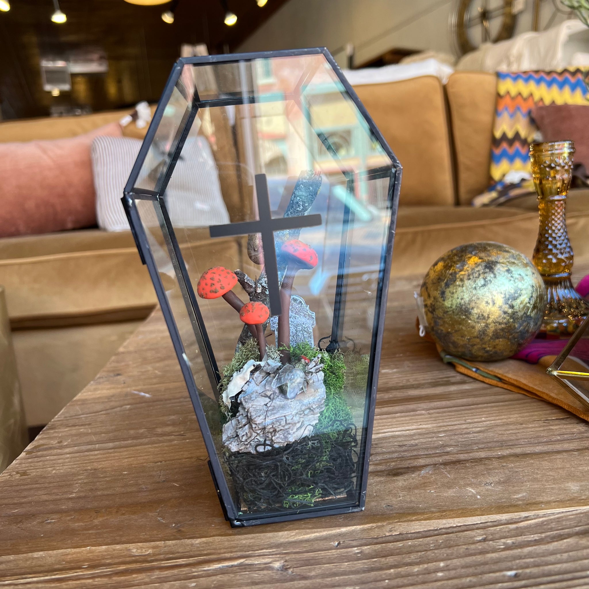 Handmade Ecoclay Mushroom Terrarium in Glass Coffin