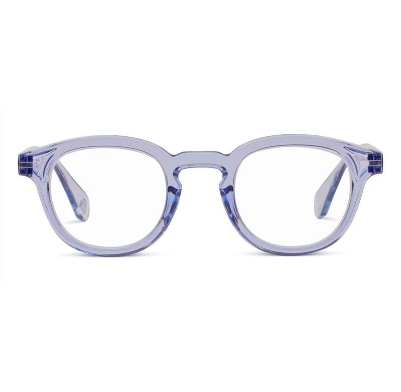 Clear blue eyeglasses on a white background