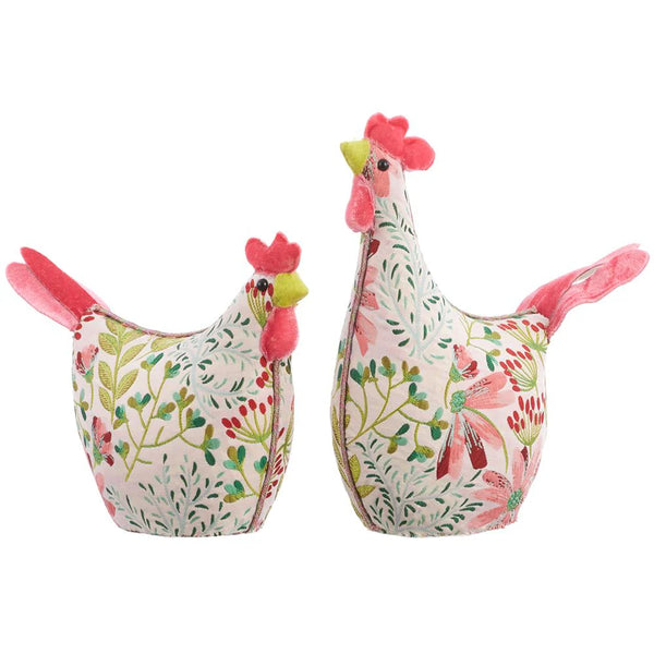 Two floral-patterned chicken-shaped containers on a white background