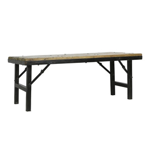 Wooden table with black metal frame on a white background