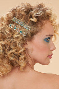 Powder Design Narrow Bar Jeweled Hair Clip- Teal Ovals & Bead
