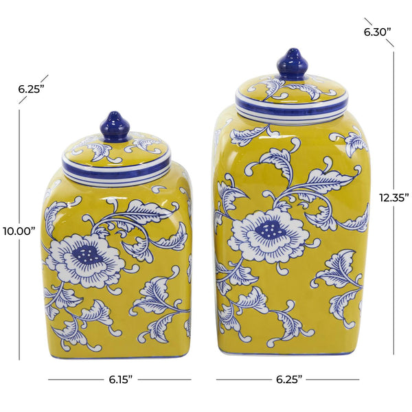 Set of 2 Ceramic Yellow Floral Decorative Jar