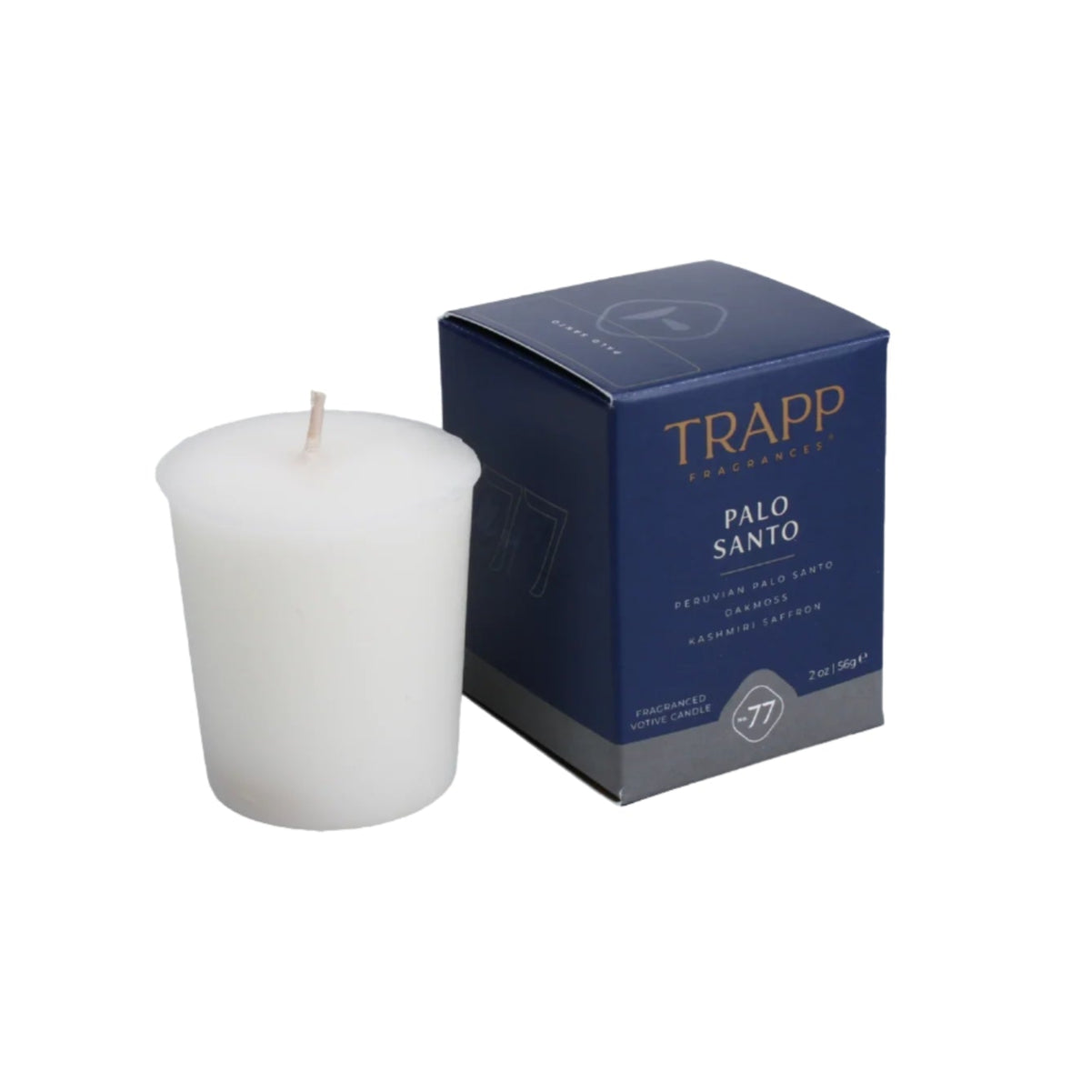 White candle with a blue Trapp Palo Santo box on a white background