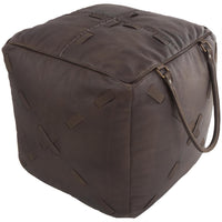 Brown Leather Floor Pouf w/ Woven Straps & Handles