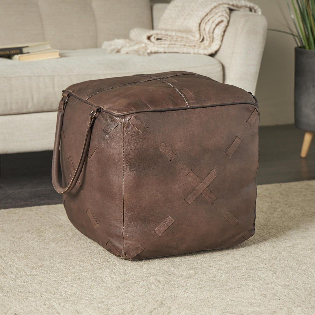 Brown Leather Floor Pouf w/ Woven Straps & Handles