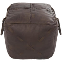 Brown Leather Floor Pouf w/ Woven Straps & Handles