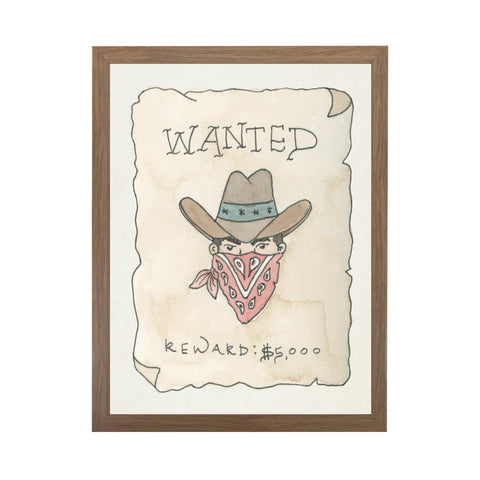Framed Watercolor "Wanted" Poster w/ Boy Wall Art