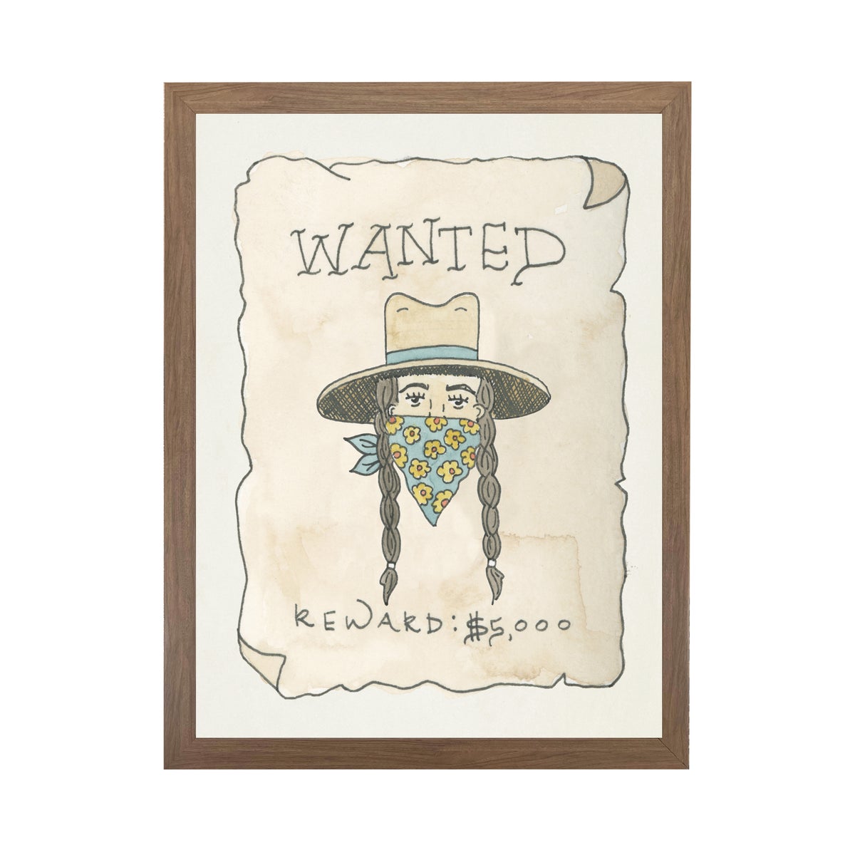 Framed Watercolor "Wanted" Poster w/ Girl Wall Art