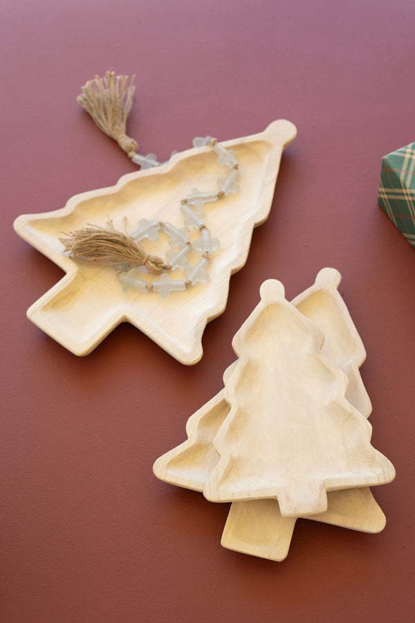 Wood Carved Christmas Tree Tray Set