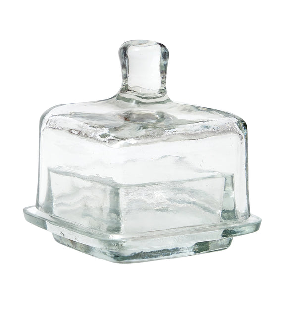 Clear square glass jam jar with lid on a white background