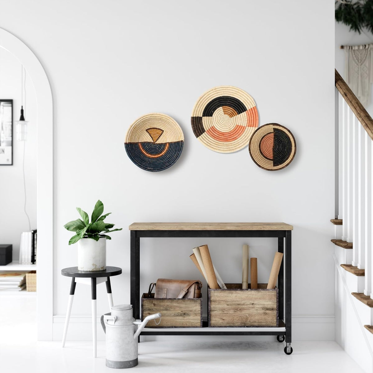 Decorative wall art with circular patterns in a modern interior setting.
