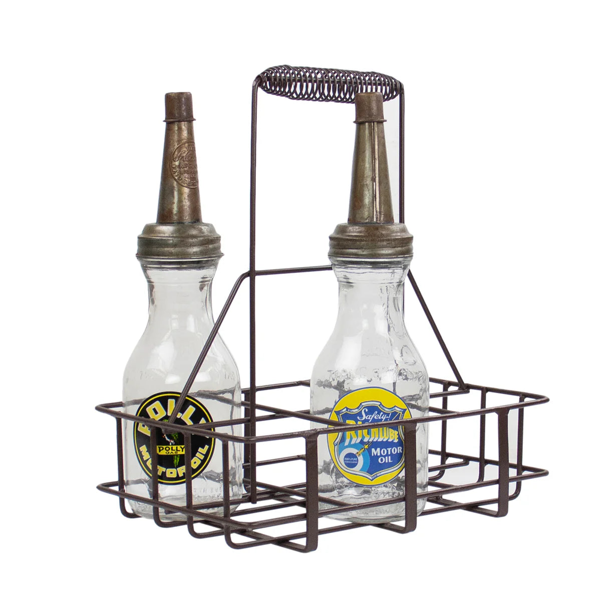 Two vintage-style oil bottles with metal dispensers in a wire carrier on a white background