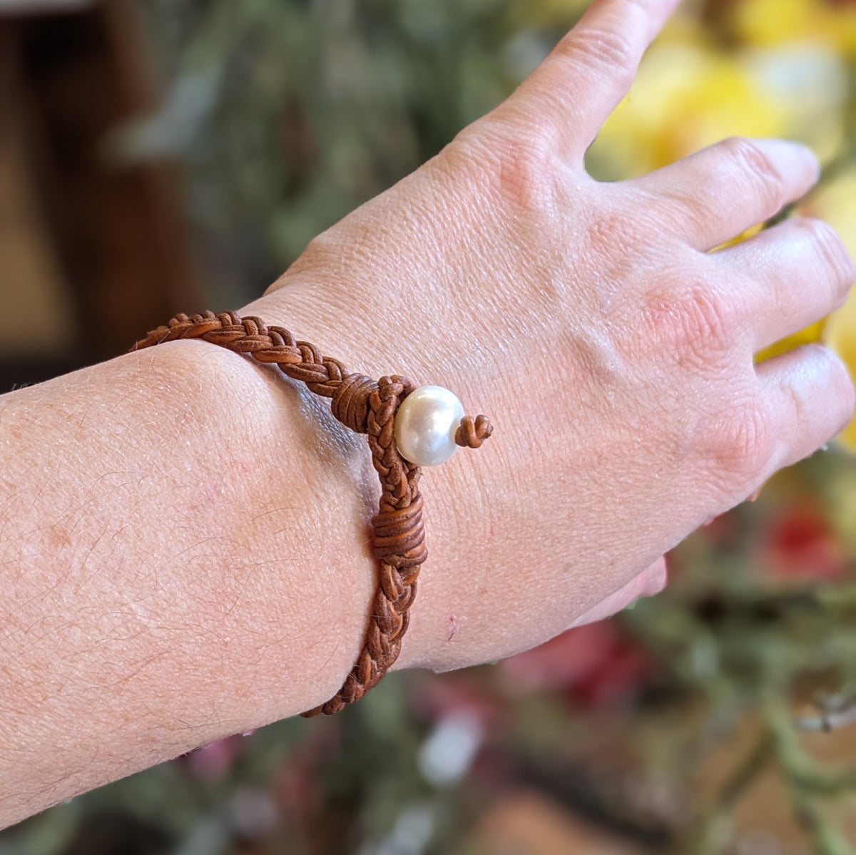 Braided Leather Bracelet with Pearl Bead Closure