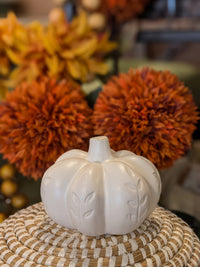 Leaf Imprinted White Glazed Ceramic Pumpkin