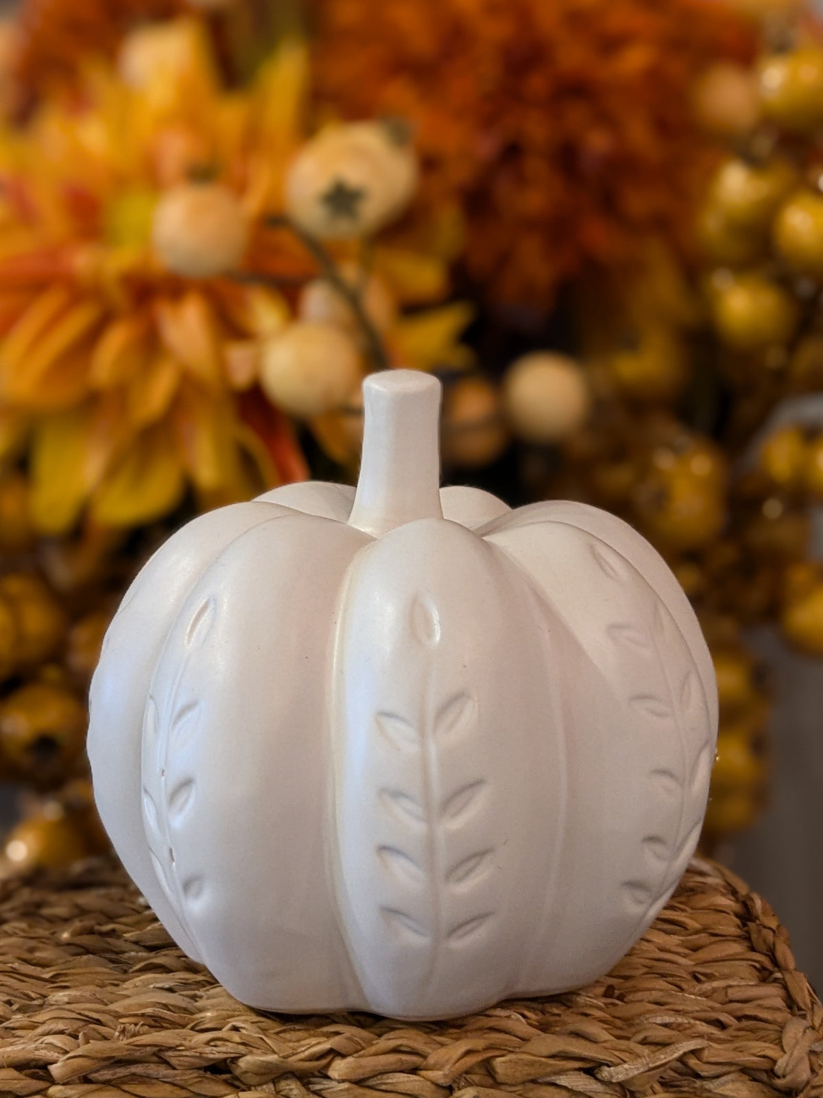 Leaf Imprinted White Glazed Ceramic Pumpkin