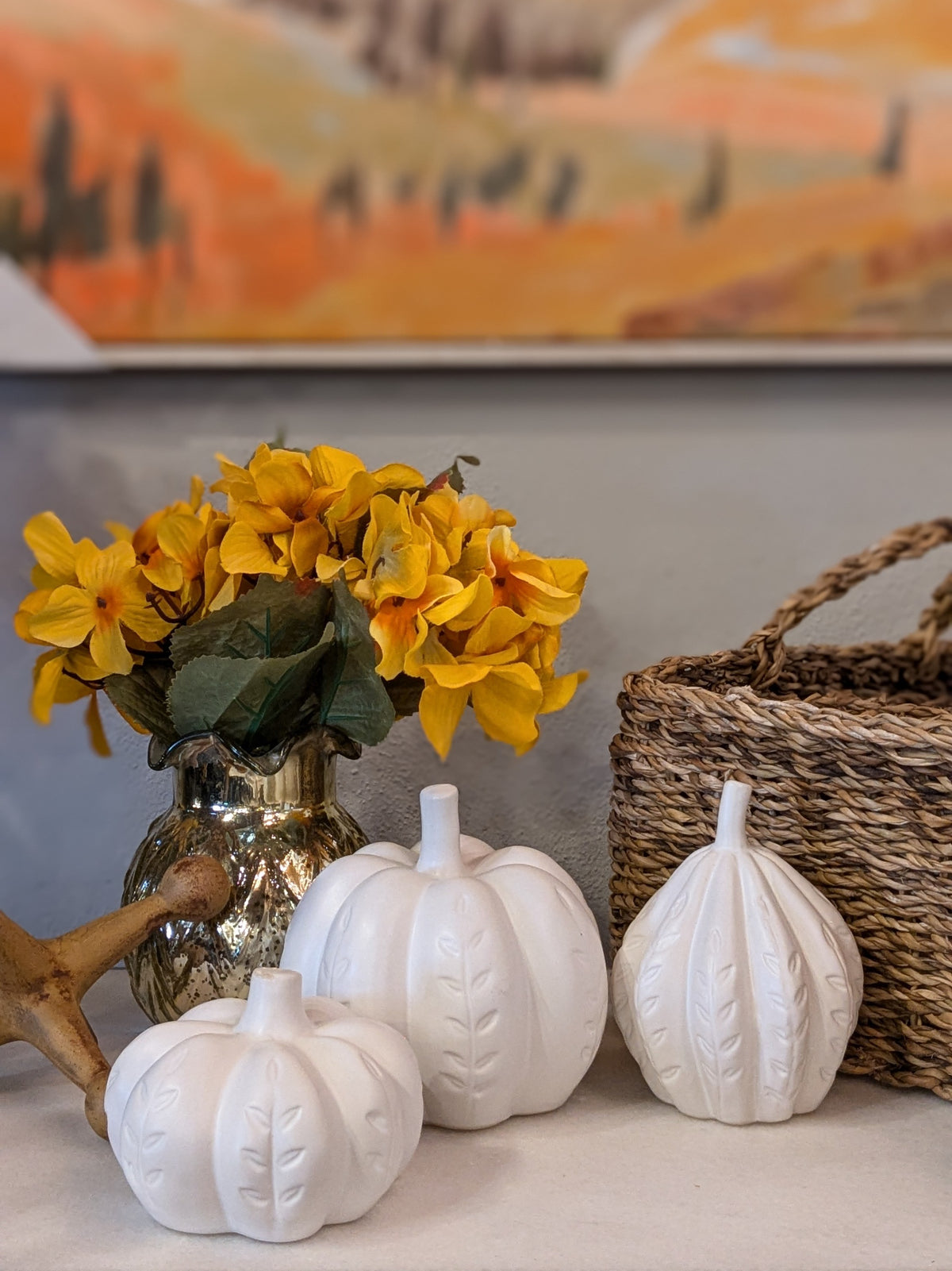 Leaf Imprinted White Glazed Ceramic Pumpkin