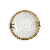 Decorative glass trinket tray with a gold rim on a white background