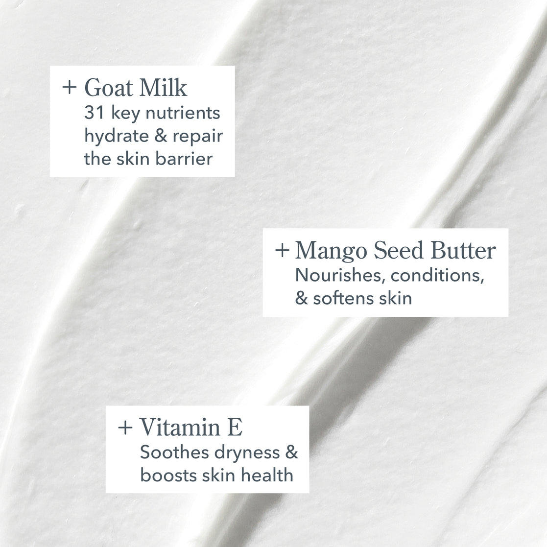 Close-up of a skincare product with text highlighting goat milk, mango seed butter, and vitamin E benefits.