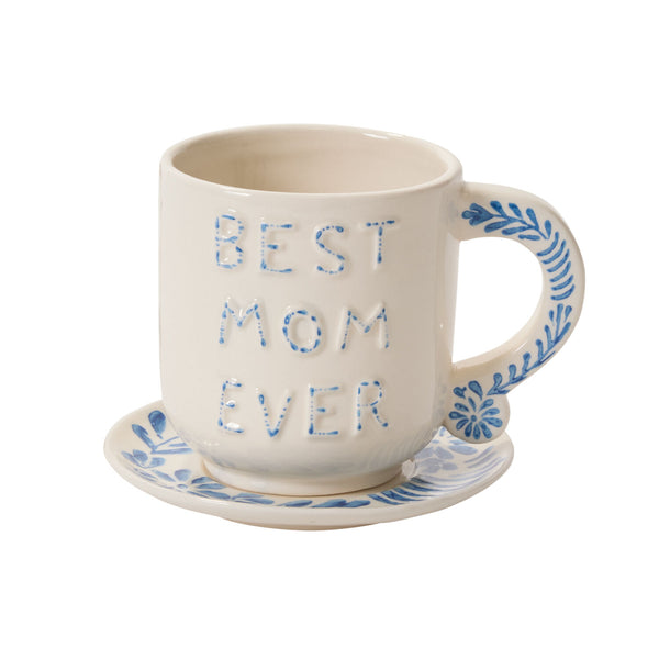 Mug with 'Best Mom Ever' text on a white background