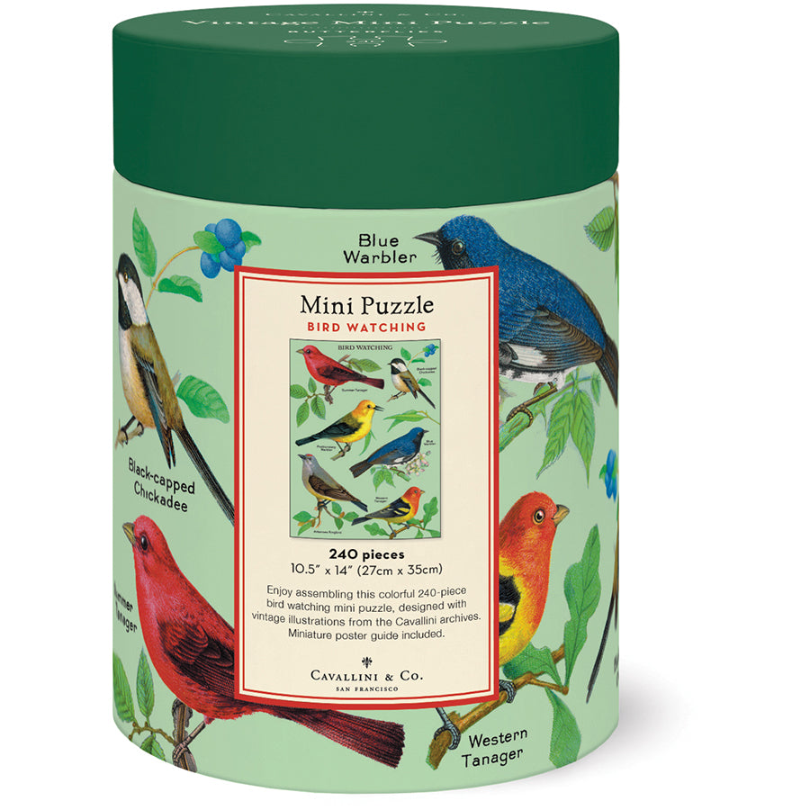 Cylindrical packaging for 240 piece jigsaw puzzle with bird illustrations on a light green background