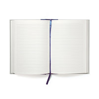 Open notebook with lined pages and blue ribbon bookmark on a white background