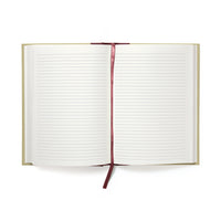Open notebook with lined pages and a red ribbon bookmark on a white background
