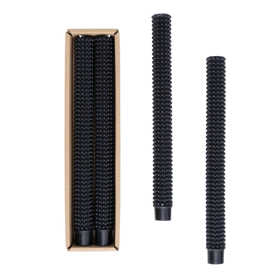 Black Unscented Hobnail Textured Taper Candle S/2