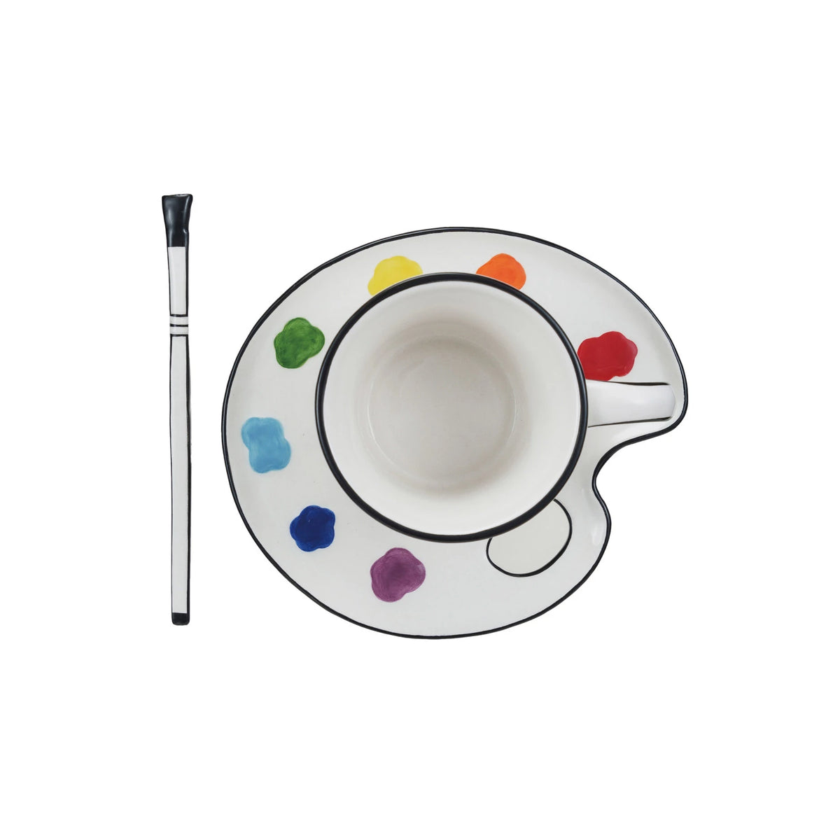Ceramic cup with saucer featuring color swatches and a paintbrush on a white background