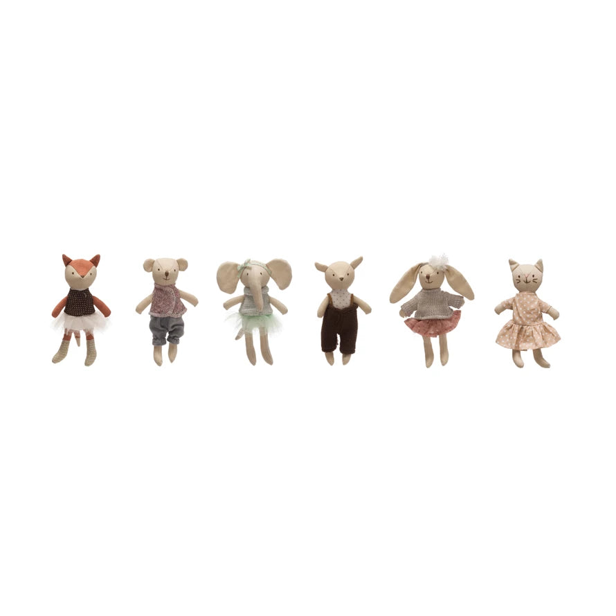 Set of small animal plush figures on a white background