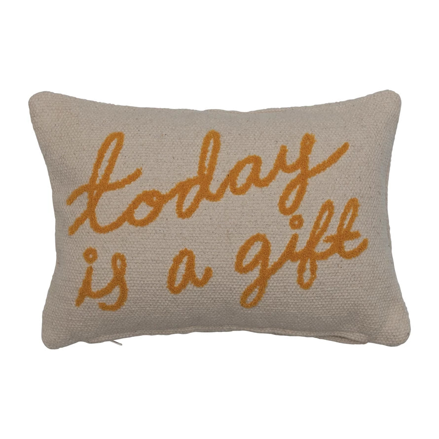 Small Embroidered 'Today is a Gift' Lumbar Pillow