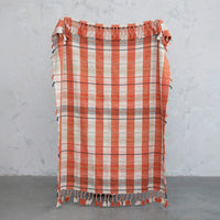 Recycled Cotton Blend Woven Plaid Throw Blanket with Braided Fringe