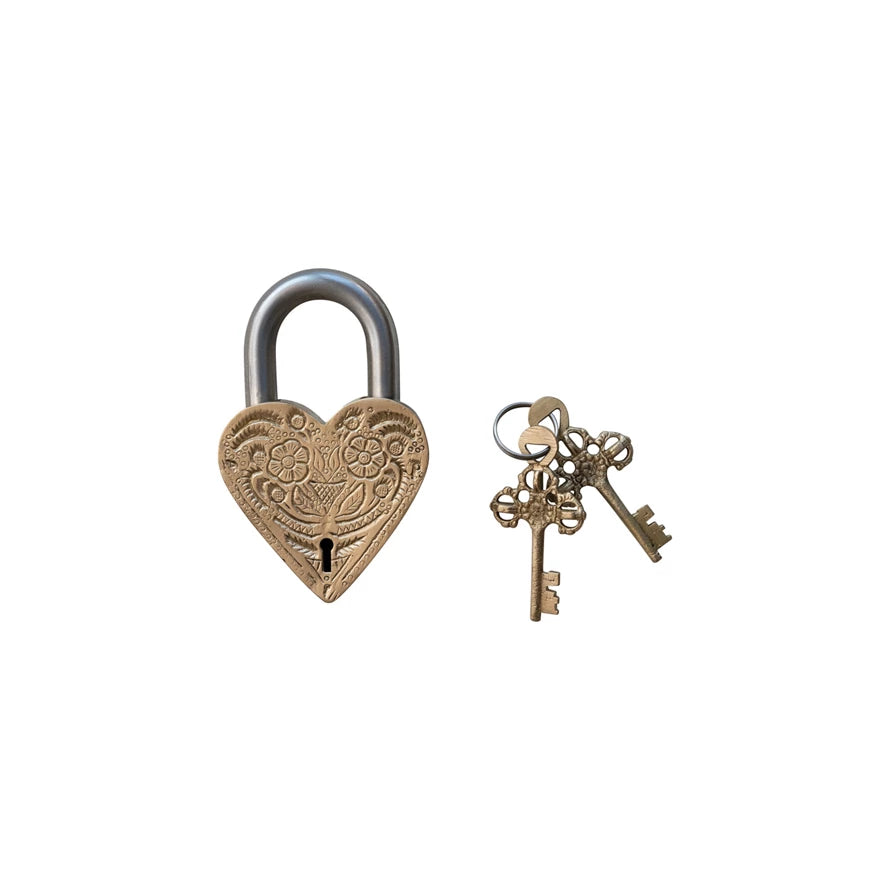 Embossed Brass Heart Shaped Lock w/ 2 Keys