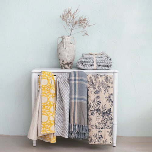 Blue & Grey Plaid Recycled Cotton Blend Woven Throw with Fringe