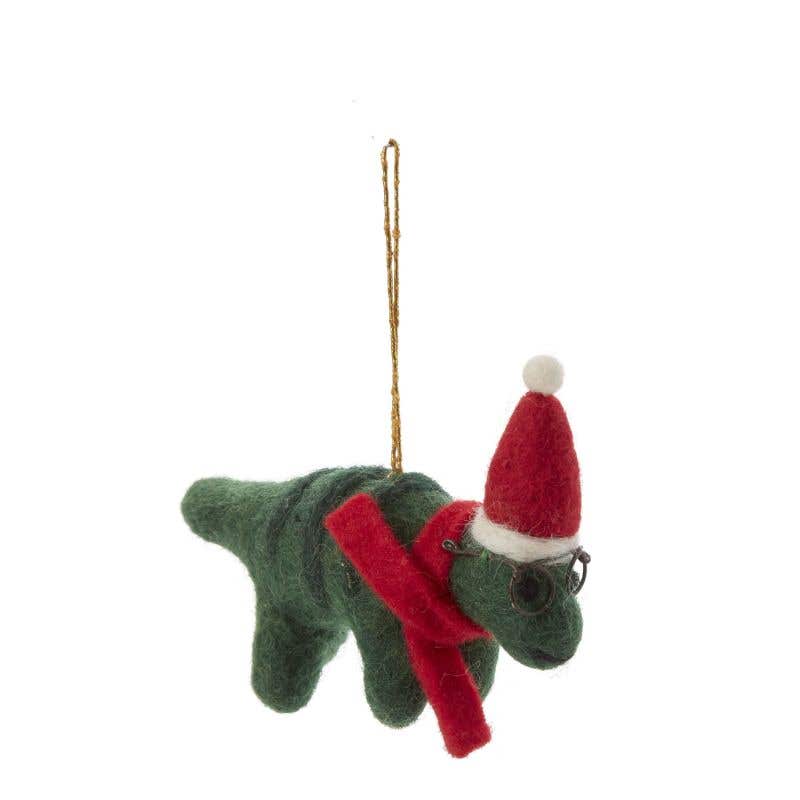 Felt Green Dashing Dino w/ Santa Hat Ornament
