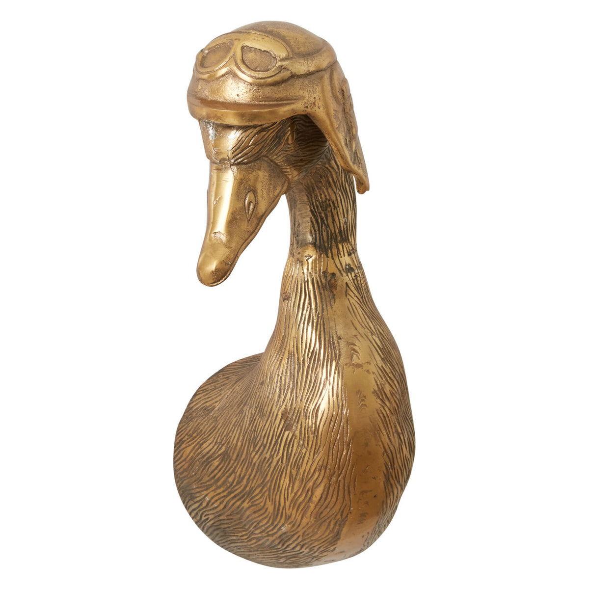 Bronze duck sculpture with a helmet and goggles on a white background