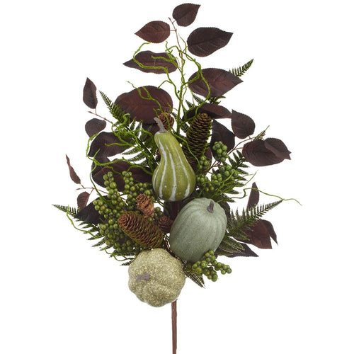 An artificial autumn floral stem arrangement featuring faux gourds, pinecones, green berries, ferns, and dark burgundy leaves on a white background.