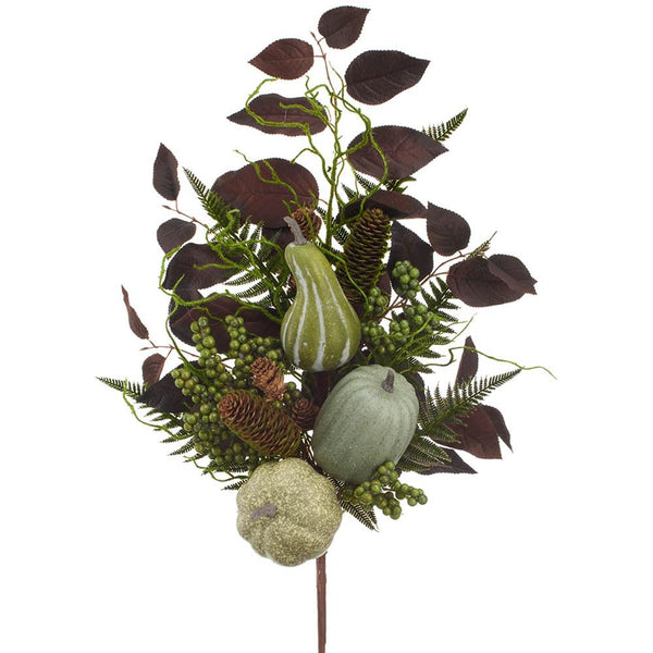 An artificial autumn floral stem arrangement featuring faux gourds, pinecones, green berries, ferns, and dark burgundy leaves on a white background.