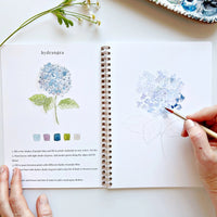 Person painting a watercolor hydrangea flower in a sketchbook with a color guide.