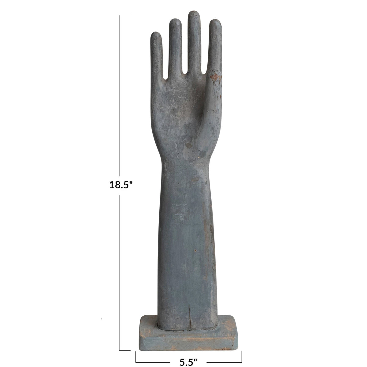 Decorative wood hand sculpture with dimensions on a white background