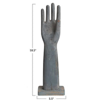 Decorative wood hand sculpture with dimensions on a white background