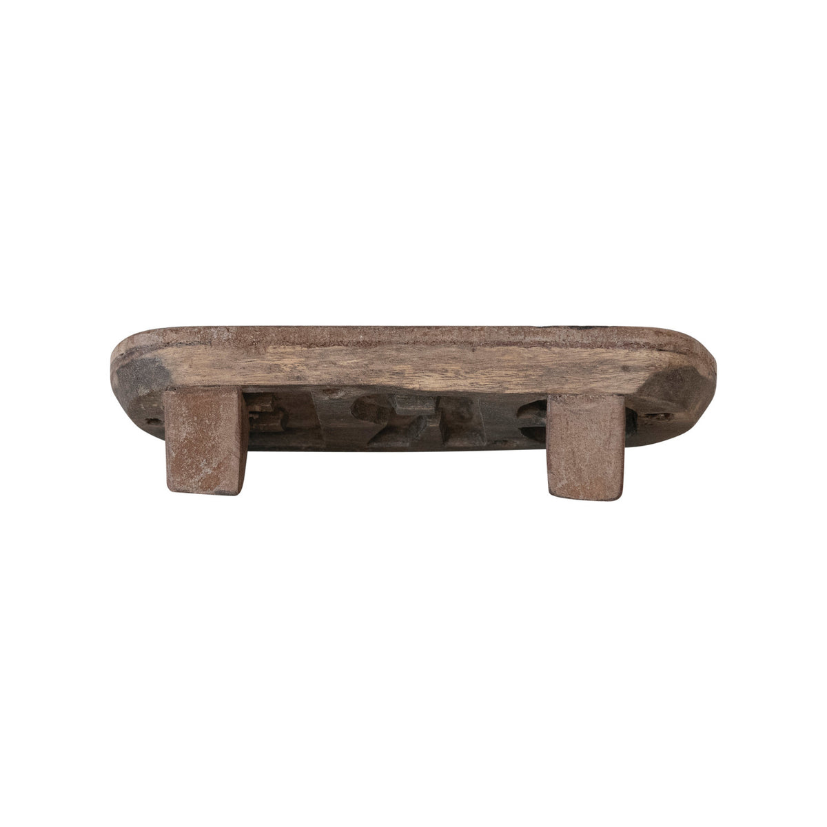 The back of areclaimed wood chalk board on a white background showing the angled feet the wood can rest on.