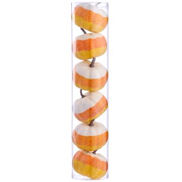 A set of six mini pumpkins with a glittered candy corn colored finish, packaged in a clear plastic container.